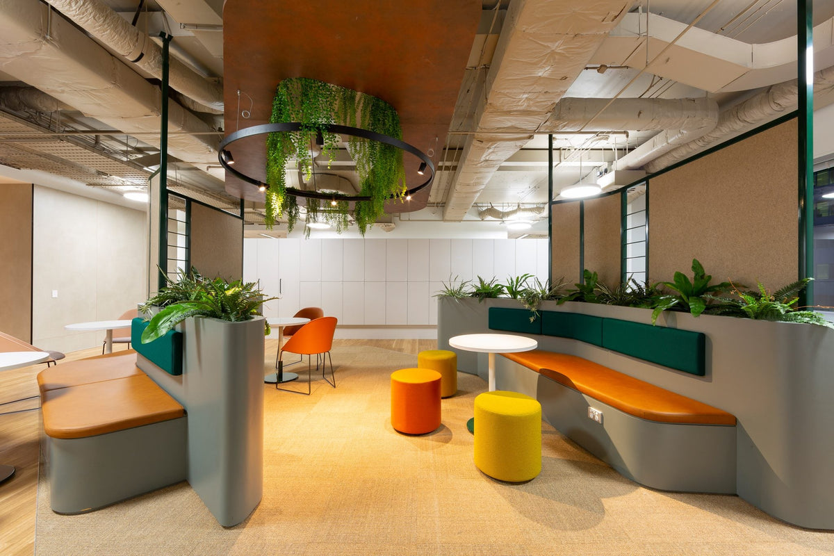 Breakout area with suspended planting, timber benches and colourful ottomans