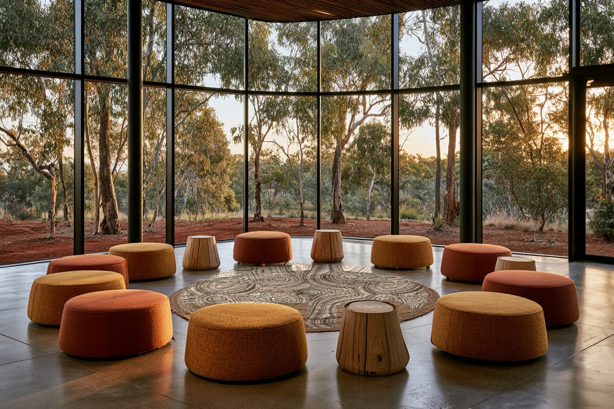 Yarning circle of ochre and copper ottomans around a rug in a Jimmy Pike print, looking out to gum trees