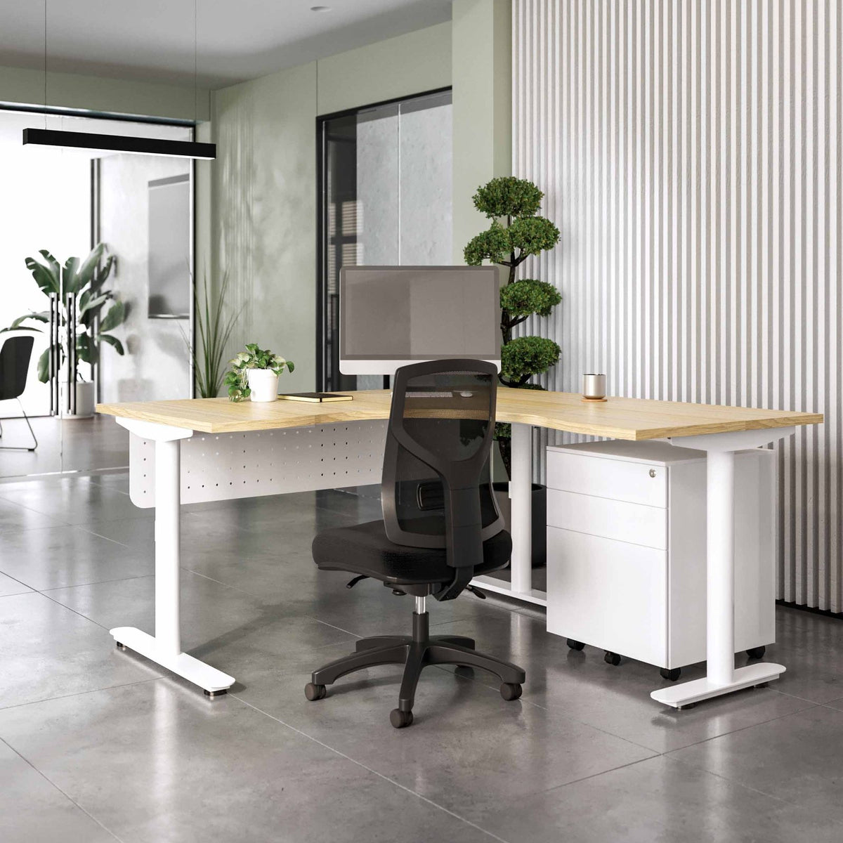 Halo Static corner workstation with white frame in a private office