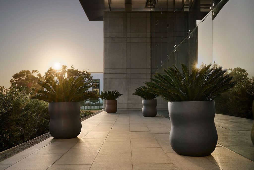 Indigenus Pebble planters on a covered terrace at sunset