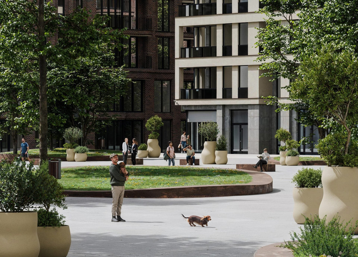 Indigenus Pebble planters in a landscaped residential courtyard